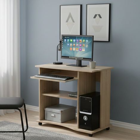 Dmora Mini ufficio con ruote in laminato finitura rovere, 80 x 75 x 50 cm, con imballo rinforzato (1/4)