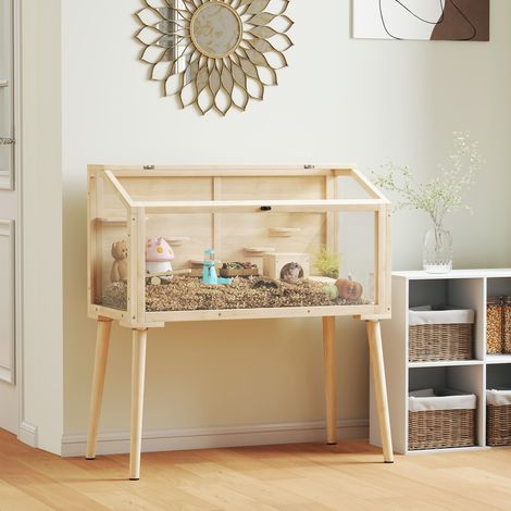 Jaula/hábitat para hámsteres y roedores, madera con certificación FSC, techo abatible, 7 plataformas, 2 columpios, 110x52x101cm, efecto madera natural.