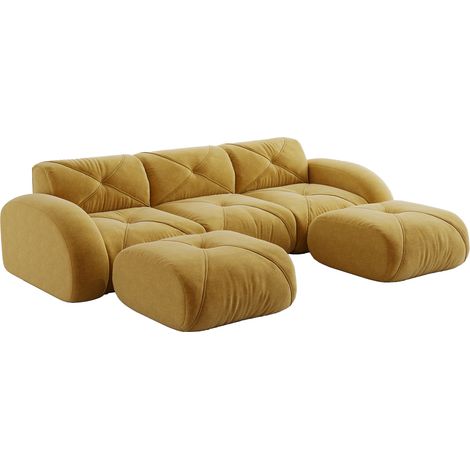 Divano modulare a U 3 posti giallo in ciniglia con 2 pouf, senza montaggio, 281 x 171 x 76 cm (1/5)