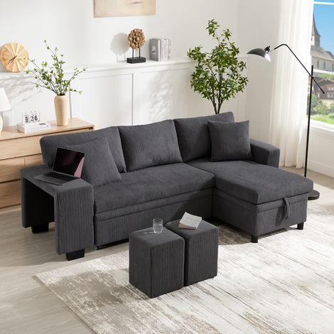 Canapé convertible angle L 3 places gris avec charge USB, 2 poufs coussins épais et rangements latéraux, Velours côtelé (1/5)