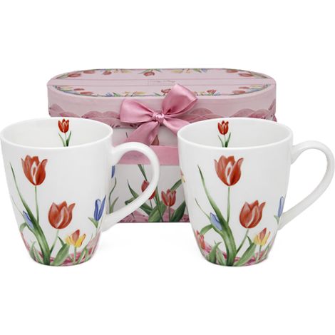 Set di due tazze da 360 ml, con decorazioni a tulipani, in porcellana, confezione regalo. (1/5)