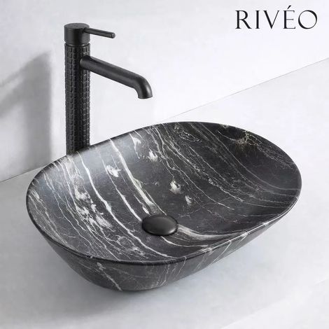 Vasque à poser ovale en céramique noir effet marbre 59 x 42,5 x 14 cm avec bonde clic-clac noire incluse - RIVÉO (1/4)