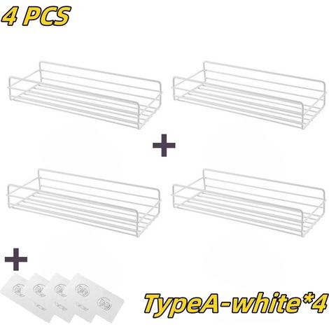 (A-Blanc, lot de 4) Étagère de salle de bain, accessoires de salle de bain, étagère de rangement pour shampoing, porte-cosmétiques, étagère métallique sans perçage, organisateur de condiments, étagère (1/5)