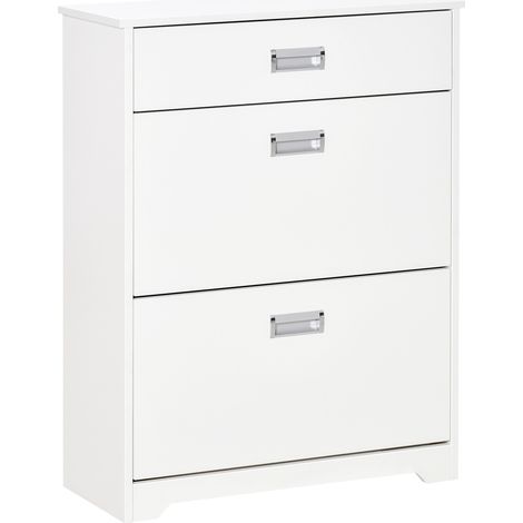 Schuhaufbewahrungseinheit mit 2 Klappschubladen, verstellbarem Einlegeboden und zusätzlicher Schublade, Kapazität für 16 Paar Schuhe, Abmessungen 70x29x92 cm, Farbe: weiß.