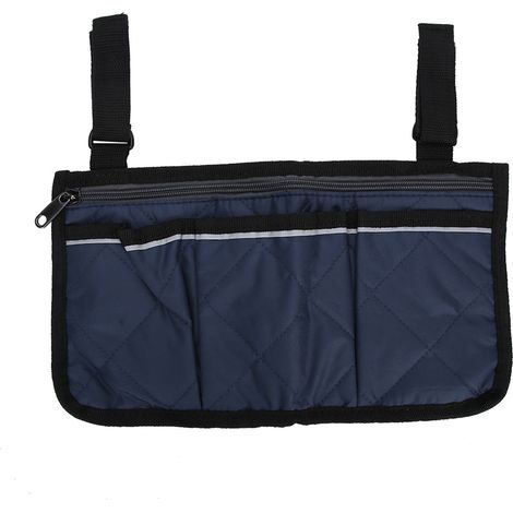 Sac de rangement pour fauteuil roulant, grande capacité, poches multiples, accrochable aux accoudoirs, bleu marine, organiseur pratique. (1/5)