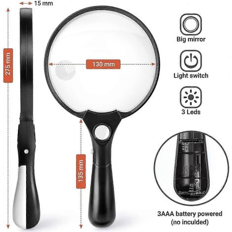 Loupe de poche LED avec éclairage - Grossissement 2x, 4x et 25x, double lentille, légère (160 g), grand diamètre (90 mm) pour la lecture et les travaux de précision. (1/5)