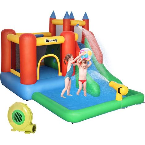 Château multicolore 330x245x215 cm avec toboggan, trampoline et piscine, dès 3 ans, parc gonflable enfant pour extérieur ludique