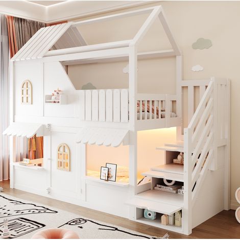 Letto a castello per bambini a forma di casa 90 x 200 cm bianco con scala contenitore, LED e mensole (1/5)