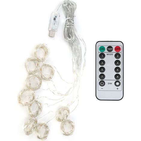 Guirlande lumineuse 3x3m 300 LED en fil de cuivre USB avec télécommande pour la décoration de rideaux de fête, mariage (Coloré) (1/5)