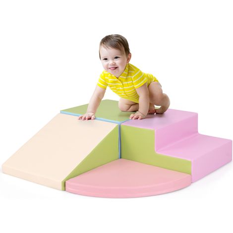 Jeu de motricité rose 4 pièces en mousse avec rampe et marche, formes modulables pour maison, crèche et salle de jeux (1/5)