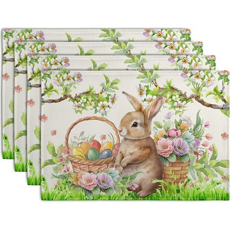 Lot von 4 Tischsets Lapin de Pâques – Druckmotive: Blätter und Blumen, 12 x 18 Taschen – Tischsets im Stoffstil Ferme (1/5)