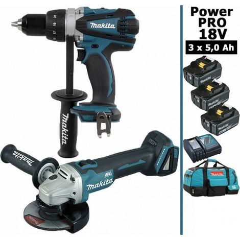 Pack Makita Power PRO 18V: Perceuse 91Nm DDF458 + Meuleuse 125mm DGA504 + 3 batt 5Ah + sac MAKITA (1/5)