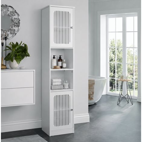 Meuble de salle de bain blanc 163 cm avec étagères réglables et portes à lamelles HAVRYA (1/5)
