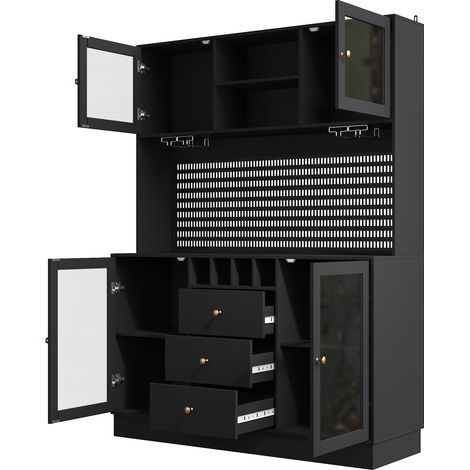 ELVMI Credenza Alta da Cucina con 1 Cassetto, Portabottiglie, LED e Ripiani Regolabili, in MDF e Vetro, Nera (1/5)