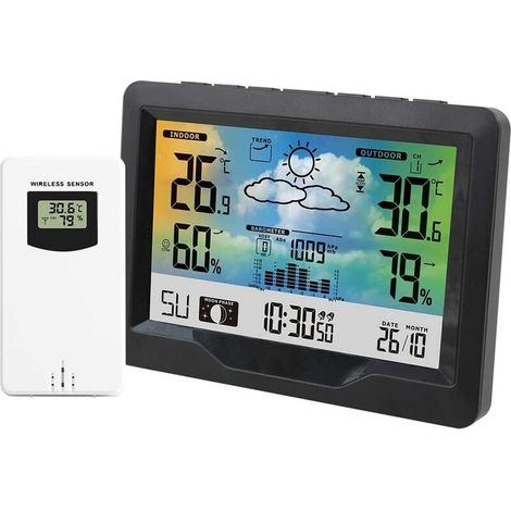 Station météo sans fil rose avec horloge numérique, thermomètre extérieur, écran LCD pour les prévisions météo et les phases lunaires (1/5)