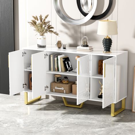 Buffet et Enfilade avec 4 Portes, Motif Géométrique 3D et Pieds Métal, Finition Blanc Brillant, en MDF, 140×40×80 cm (1/5)