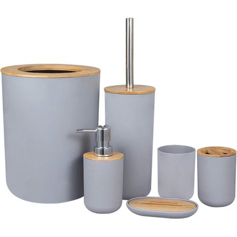 Ensemble d'accessoires de salle de bain en bambou écologique 6 pièces avec distributeur de lotion, poubelle, porte-brosse à dents, tasse à brosse à dents, brosse de toilette et porte-savon (gris) (1/5)