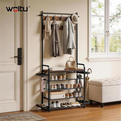 WOLTU 4-in-1 Coat Stand, Coat Rack with Shoe Storage & Umbrella Stand, Shoe and Coat Rack for Hallway, Living Room, Rustic Brown + Black (1/5)