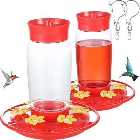Lot de 2 mangeoires pour colibris, 590 ml, large ouverture, facile à nettoyer, protection anti-fourmis, anti-abeilles, 6 orifices (étanche)