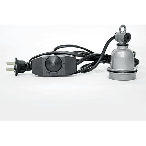 Luminaire chauffant réglable avec douille E27, base en céramique, contrôle de la température, abat-jour en métal argenté, cordon de 1,8 m et boîtier étanche.