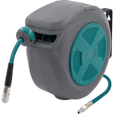 ECD Germany Carrete de Manguera de Aire Comprimido 15m + 1,5m Enrollador de Recogida Automática Conexión de 1/4" máx. 15 bar, Giratorio 180°, Ø12mm Portamangueras de Jardín con Kit de Montaje en Pared