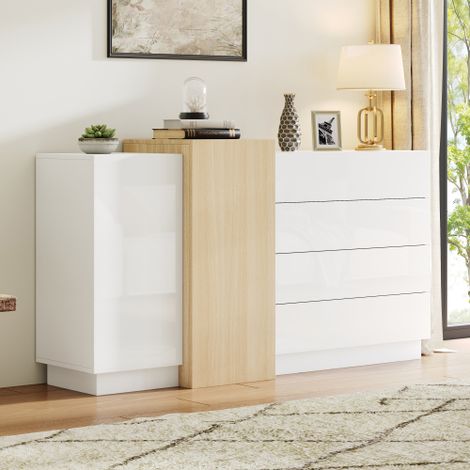 Buffet blanc brillant avec 4 tiroirs profonds, 150x38x87 cm