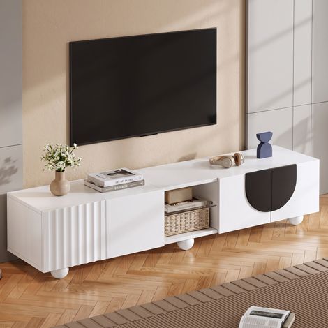 Meuble TV Banc TV 180x40x41.5cm avec Rangement et Portes Push-to-Open en Bois Style Moderne Minimaliste Blanc et Noir (1/5)