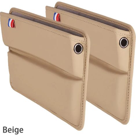 (BEIGE 2 PIÈCES) Sac de rangement en similicuir pour siège auto, console centrale, compartiment latéral, boîte de rangement pour téléphone et clés avec ouverture pour câble de charge (1/5)