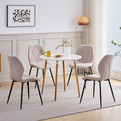 Wokaka Set tavolo e 4 sedie – tavolo rotondo 80 cm in MDF (bianco) con 4 sedie da pranzo in lino (beige) – moderno