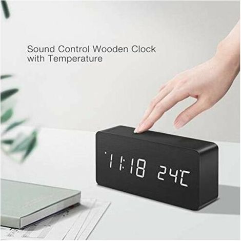 Horloge numérique multifonctionnelle en bois Réveil LED Commande vocale Convient pour la maison Lumière blanche en bois noir (1/4)