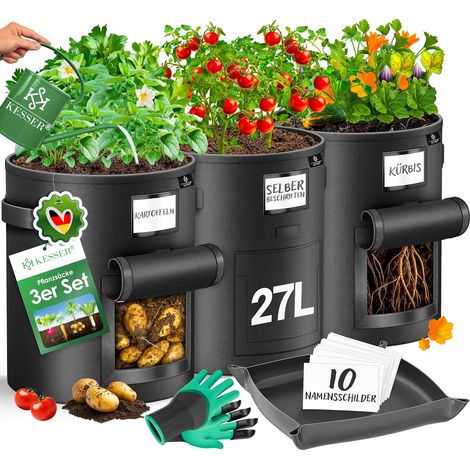 3 Sacs De Plantation Pomme De Terre 27L Fenêtre Poignées Tissu Non Tissé Intérieur Extérieur (1/5)