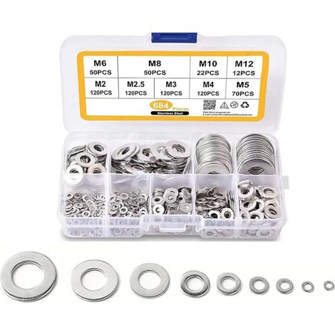 Set di 684 guarnizioni per tappo di scarico auto, 9 misure (M2-12), guarnizione piatta in acciaio inox, accessorio universale per auto (argento) (1/4)