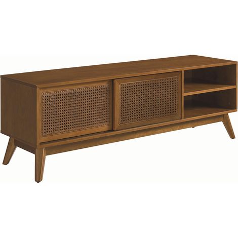 Meuble TV 150 cm en rotin vintage avec portes coulissantes, pieds en bois massif, pour téléviseurs jusqu'à 65 pouces (1/5)