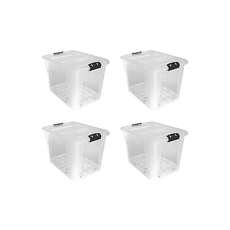 JVL Plastic Secure Clip Lidded Storage Box with Wheels, Stackable & Nestable, Clear, Set of 4, 60L (1/5)