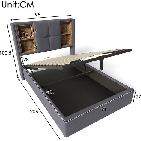 Lit 1 place avec recharge sans fil USB-C, sommier tapissé 90x200cm, structure de lit coffre avec rangement, cadre à lattes en bois - tissu gris (matelas inclus) (1/5)