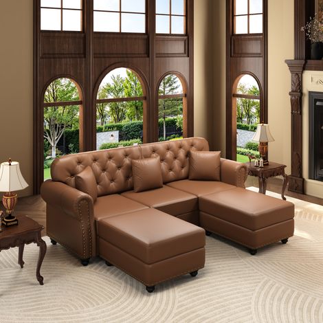 Style Chesterfield Capitonné, Canapé 3 Places en Similicuir avec 2 Poufs, Assise Ressorts Ensachés pour Salon, Marron (1/5)