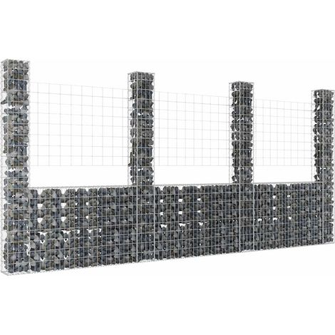vidaXL Panier de gabion en forme de U avec 4 poteaux Fer 380x20x200 cm (1/5)