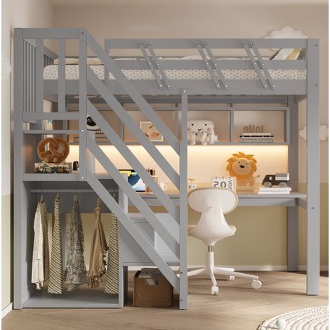 Hochbett für Kinder mit Schreibtisch, LED-Beleuchtung, Aufbewahrungstreppe, 205x143.5x170 cm, Holz, Grau (1/5)