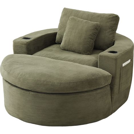Chaise longue ronde extra-large, fauteuil sans cadre (avec repose-pieds), avec rangement et porte-gobelet, design de revêtement double couche (1/5)