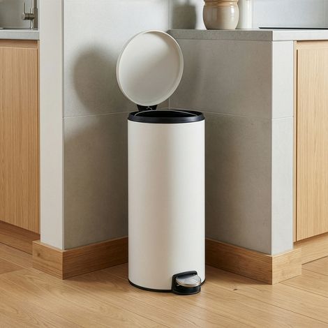 Poubelle à Pédale, Rond, Seau Intérieur Amovible, Fermeture en Douceur, 30 L, Blanc