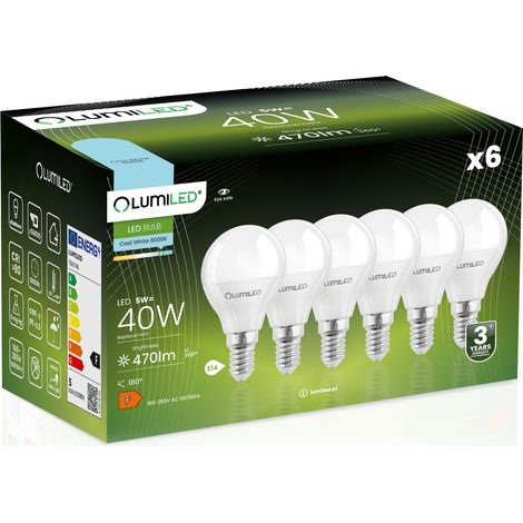 6 bombillas LED E14 tipo bola P45 de 5W = 40W, 470lm, 6500K, luz fría, 180° LUMILED