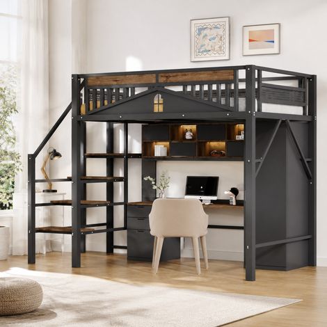 DESMIU Lit mezzanine 2 places avec escalier sécurisé, rangement et garde-corps fenetre 140 × 200 cm sans matelas (1/5)