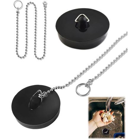 Lot de 2 Bouchon de vidange, Chaîne 40 cm, Caoutchouc durable, Diamètre 40-45 mm, Pour cuisine salle de bain (1/5)