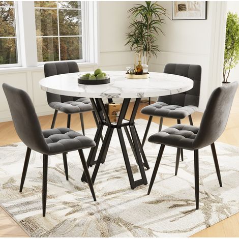 Set tavolo da pranzo rotondo 100 cm con 4 sedie in velluto grigio, bianco e nero DESVIAE (1/5)