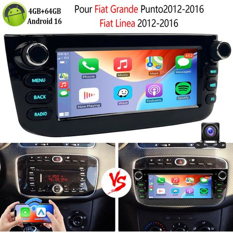 Autoradio Android 16 6.86" IPS HD pour Fiat Grande Punto/Linea 2012-2016 Carplay sans fil & Android Auto, GPS Navi, FM RDS Bluetooth - 4+64G CAM