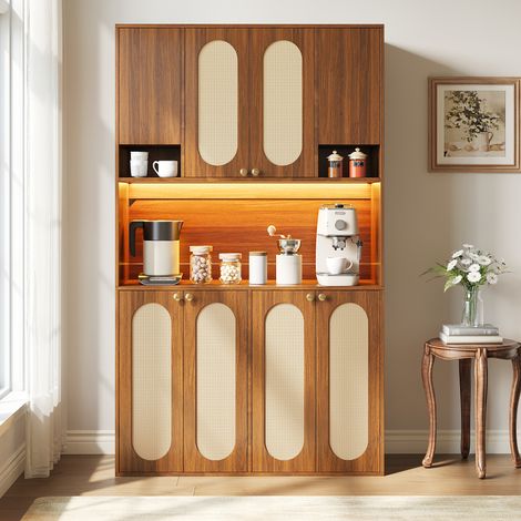 Credenza Alta con 8 Ante, Vani Laterali e Ripiano Aperto, LED Regolabile, per Sala da Pranzo, MDF, Naturale (1/5)