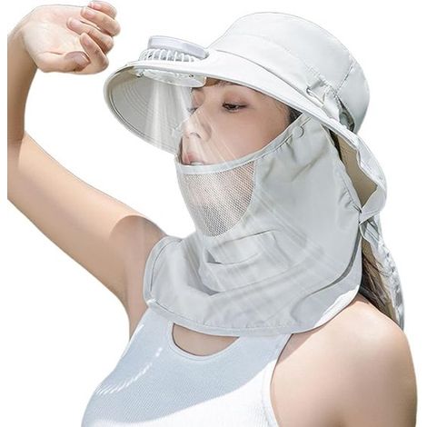 Chapeau de soleil blanc glacé avec ventilateur, protection du cou et du visage – 3 vitesses, protection UV, idéal pour le jardinage, la pêche et les journées à la plage (1/5)
