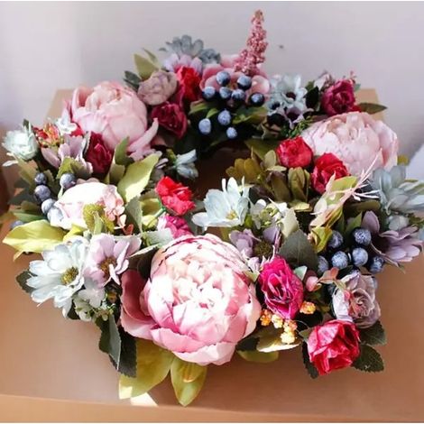 DécorationCouronne décorative de porte, fleurs en soie et anneau en rotin naturel avec fruits artificiels, multicolore, H 35 cm (1/3)