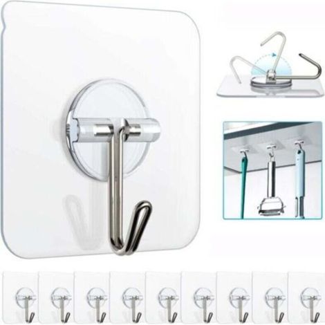 10 ganchos adhesivos, ganchos utilitarios reutilizables, ganchos de pared resistentes de 13 lb, ganchos transparentes sin clavos, impermeables y resistentes al aceite para cocina y baño (1/4)