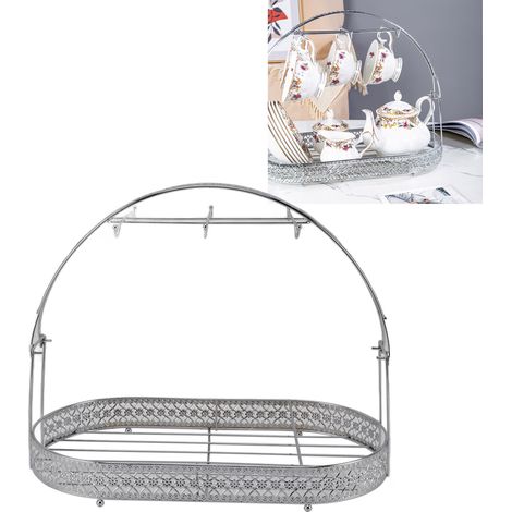 Silberner Metall-Tassenhalter mit 6 Haken und Aufbewahrungskorb – Organizer für Tassen, Teller und Büroaccessoires (40 cm x 21,5 cm x 32 cm) (1/5)